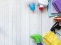 Housework, housekeeping and household concept - cleaning stuff