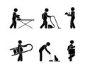 Housework icon set, stick figure pictograms, people do household chores, cleaning and caring for pets Royalty Free Stock Photo