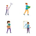 Housework icons set cartoon vector. People with cleaning and repair equipment