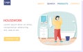 Housework landing page template with man in bathroom washes floor scared poured water from bucket