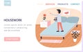 Housework landing page template with man proprietor standing on bed in bed room does cleaning