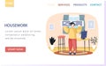 Housework landing page template with man proprietor standing in room holding notice board at home