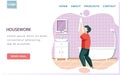 Housework landing page template with man wipes his hands with towel in bathroom. Guy washes his face Royalty Free Stock Photo