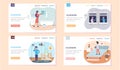 Housework landing page template with people do household chores in apartment set of four scenes