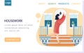 Housework landing page template with woman proprietress standing hands up in doorstep outdoor Royalty Free Stock Photo