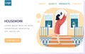 Housework landing page template with woman proprietress standing hands up in doorstep outdoor