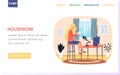 Housework landing page template with young cute girl making video content to vlog with microphone