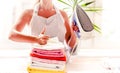 housework, laundry and housekeeping concept - close up of woman with iron Royalty Free Stock Photo