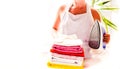 housework, laundry and housekeeping concept - close up of woman with iron Royalty Free Stock Photo