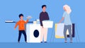 Housework. Mom with children cleaning and washing, ironing. Family is cleaning, laundry vector illustration