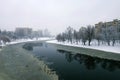 Housing area and the channel in ice. A typical residential Ã¯Â¿Â½sleepingÃ¯Â¿Â½ district on the right bank of the Dnieper in Kiev. Royalty Free Stock Photo