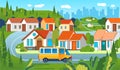 Housing complex with houses, tree, road, and car with cityscape as background vector illustration