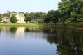 Housing development with green trees and a lake water reflection