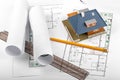 Housing development, new real estate project, house on blueprint Royalty Free Stock Photo