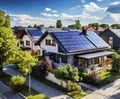 Housing development with single-family houses with large solar panels for green energy on the roofs, made with generative ai Royalty Free Stock Photo