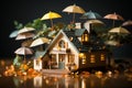 Housing insurance symbolized by wooden house model and umbrella-carrying individuals Royalty Free Stock Photo