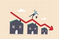 Housing price falling down, real estate and property crash, value drop or decline, home loan or mortgage risk concept, businessman