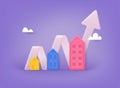 Housing price rising up, real estate investment or property growth concept. Arrow chart rising house prices. 3D Web Vector
