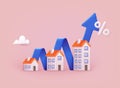 Housing price rising up, real estate investment or property growth concept. Arrow chart rising house prices. 3D Web Vector Royalty Free Stock Photo
