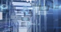 Housing server rack corridor in data center, with LEDs and networking cables, holographic displays Royalty Free Stock Photo