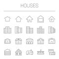 Housing theme - houses, mansions, apartment buildings, cottages. Simple thin line vector icon set