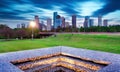 Houston skyline in sunny day from park grass of Texas USA