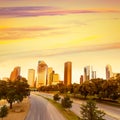 Houston skyline sunset from Allen Pkwy Texas US