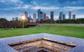 Houston Texas modern skyline at sunset twilight from park lawn Royalty Free Stock Photo