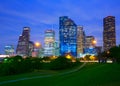 Houston Texas modern skyline at sunset twilight from park Royalty Free Stock Photo