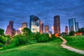 Houston Texas modern skyline at sunset twilight from park Royalty Free Stock Photo