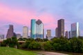 Houston Texas skyline at sunset twilight from park lawn Royalty Free Stock Photo