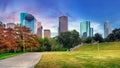 Houston, Texas, USA downtown park and skyline at twilight Royalty Free Stock Photo