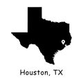 Houston on Texas State Map. Detailed TX State Map with Location Pin on Houston City. Black silhouette vector map isolated on white Royalty Free Stock Photo