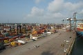Houston container terminal with green gantry cranes operated by stevedores which are ready for cargo operation.