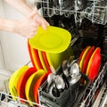 Concept with open dishwasher and female hands showing with thumbs up Royalty Free Stock Photo