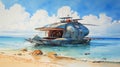 Hovercraft Morning Scene: A Watercolor Painting Of Futuristic Realism