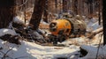 Orange Train In Snow: Sci-fi Realism With Rusty Debris And Precisionist Lines