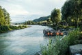 Hovercraft in the river Katun Altai Krai. Over turquoise blue waters of the Katun river along the village Royalty Free Stock Photo