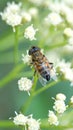 Hoverfly on a cluster of white flowers Royalty Free Stock Photo
