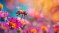 Hoverfly in flight with vibrant flower macro photorealism in ultra high resolution