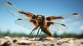 the hovering behavior of a dragonfly wings and slender body against a simple background Royalty Free Stock Photo