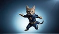 Hovering and flying cute kitten with special superpowers in superhero costume and superhero pose