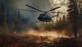 Hovering helicopter extinguishing forest fire with propeller blade and water generated by AI