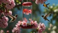 Hovering hummingbird in spring blossom flower with blue sky as background