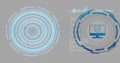 Hovering monitor icon shield-checkmark on greygrid backdrop with HUDs and data overlays, copy space Royalty Free Stock Photo