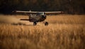 Hovering propeller blades slice through blue sky at airshow sunset generated by AI