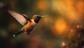 Hovering rufous hummingbird flapping wings mid air generated by AI