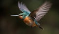 Hovering starling spreads iridescent wings in tranquil green nature scene generated by AI