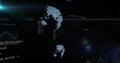 Hovering two stylized digital globes displaying code blocks and graphs on virtual dashboard, HUD Royalty Free Stock Photo