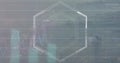 Hovering white dotted hexagon frame over cityscape, with pink blue line graphs, teal dotted bars Royalty Free Stock Photo